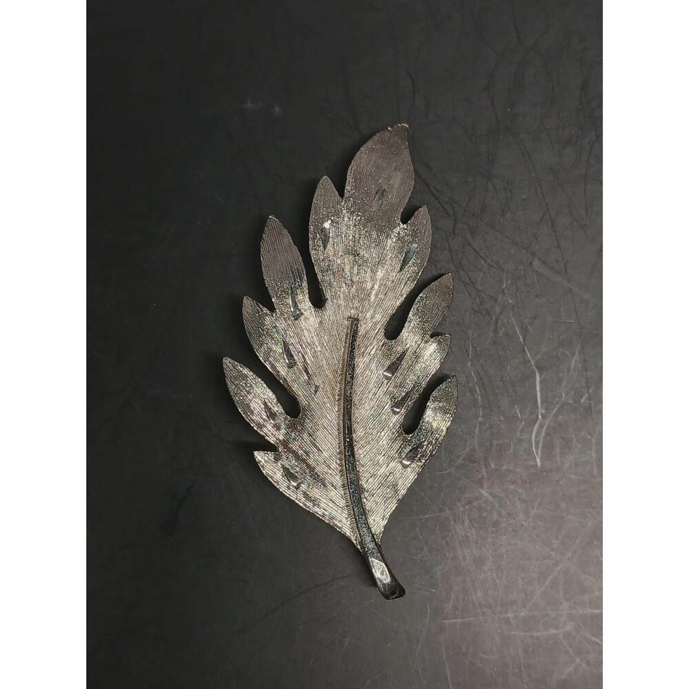 Vintage LG Silver Tone Leaf Brooch Textured Signed 2.25"
